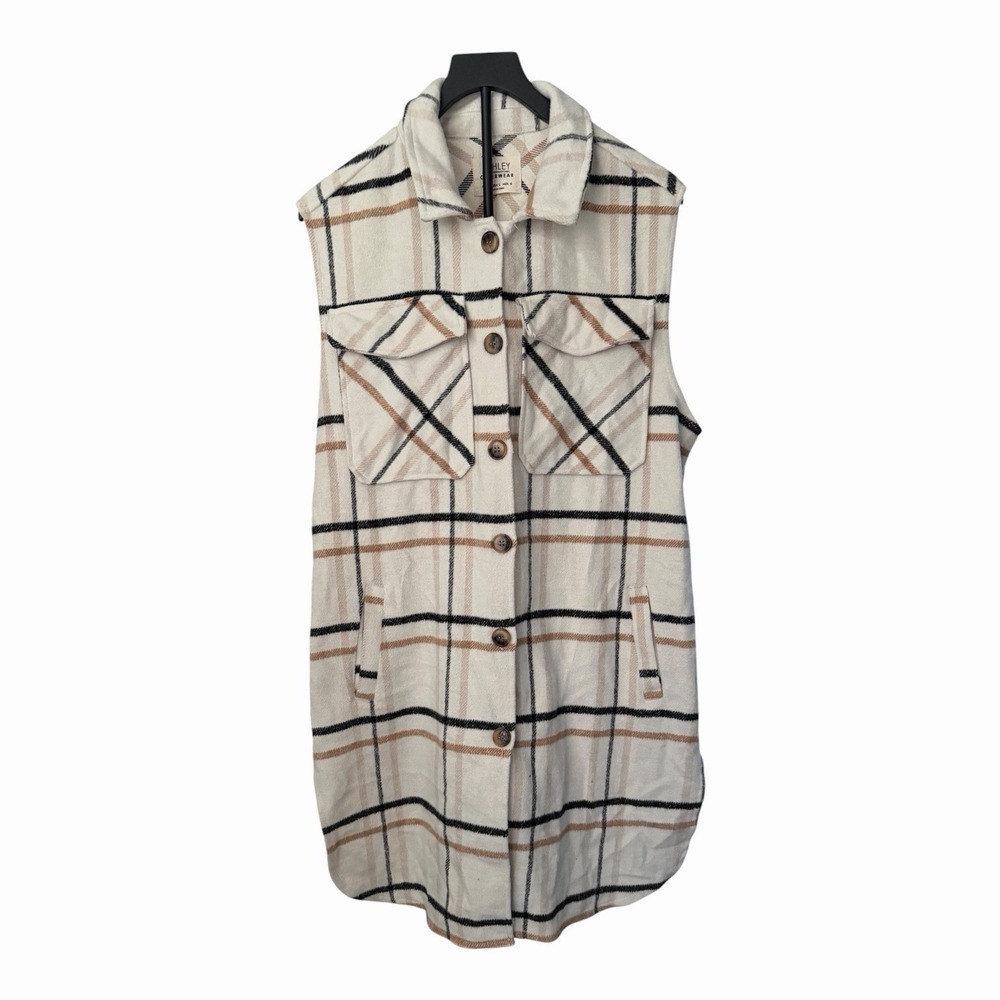 Ashley 26 International Plaid Shacket Vest Women's Large Cream Button Front